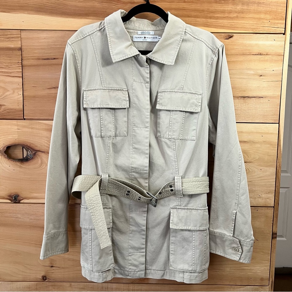 Y2K Tommy Hilfiger Beige 100% Cotton Belted Utility Jacket Size 2X